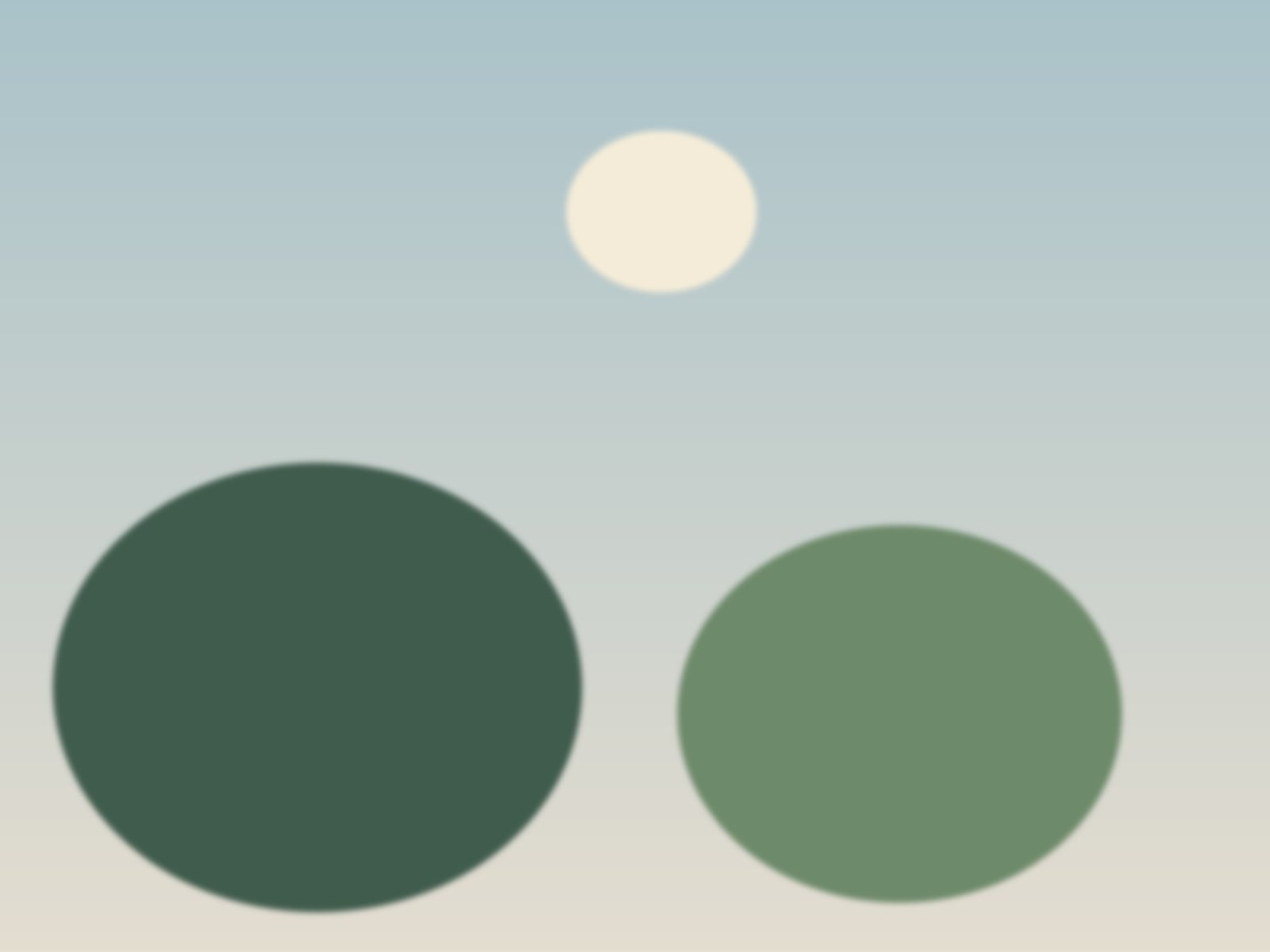 Two dark green trees beside a pale pond